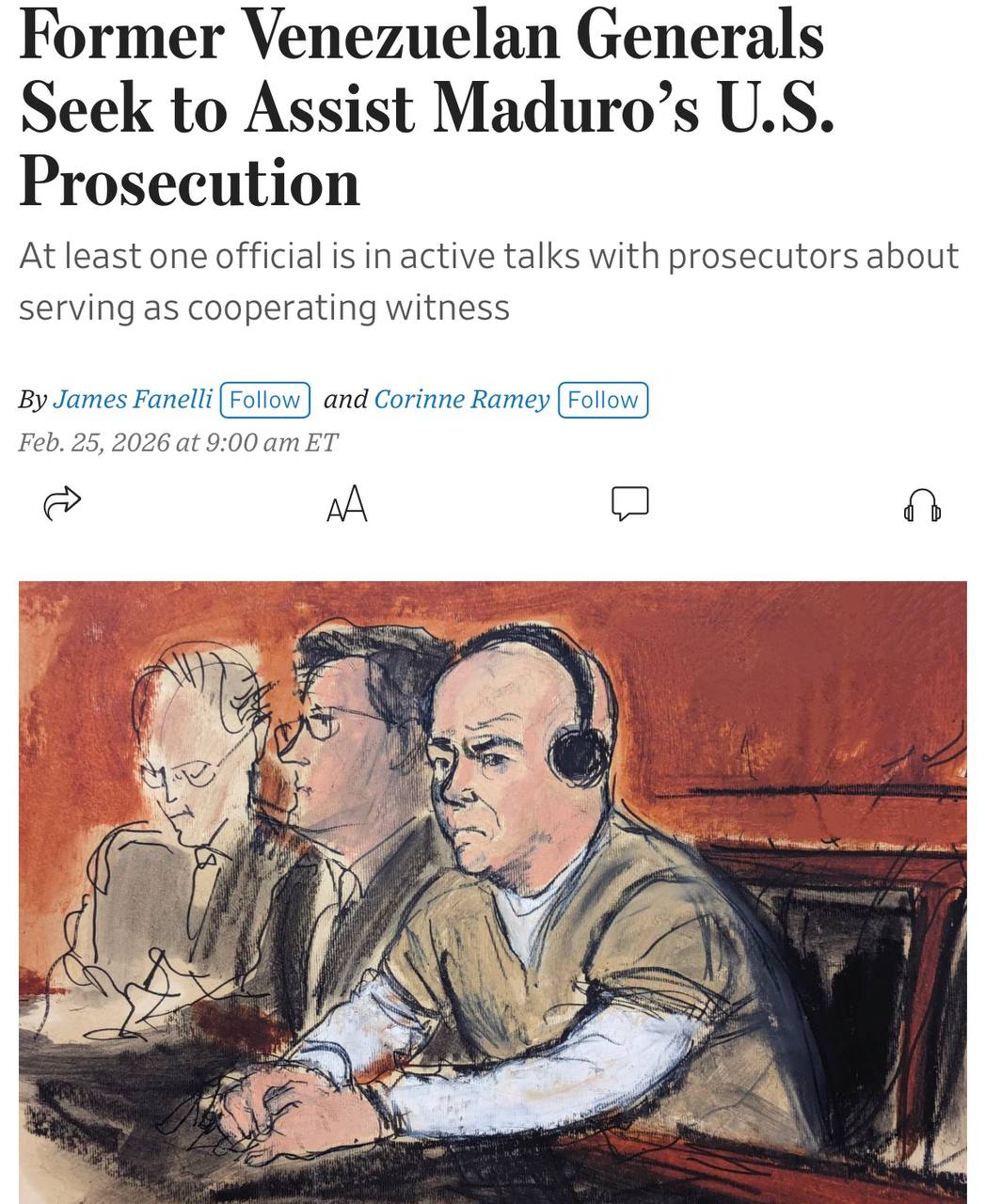 Колишні генерали Венесуели готові дати свідчення проти Мадуро — - The Wall Street Journal.